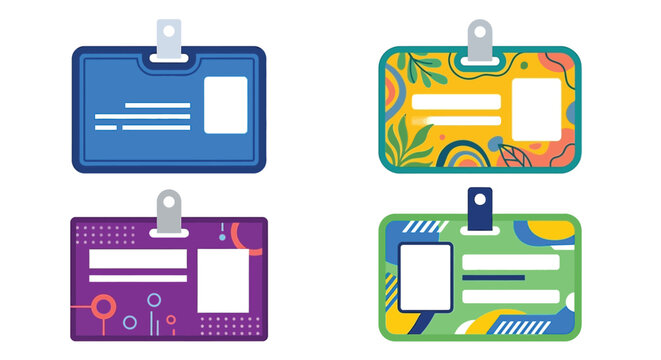 Four colorful identification badges with blank spaces for personalization