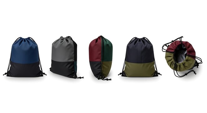 Five colorful drawstring backpacks on a plain white background showcase various fashion styles