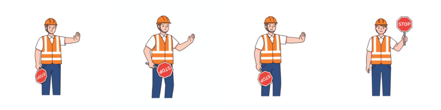 Construction worker directing traffic with stop sign