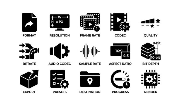 Video editing icons: format, resolution, codec, quality, bitrate, export