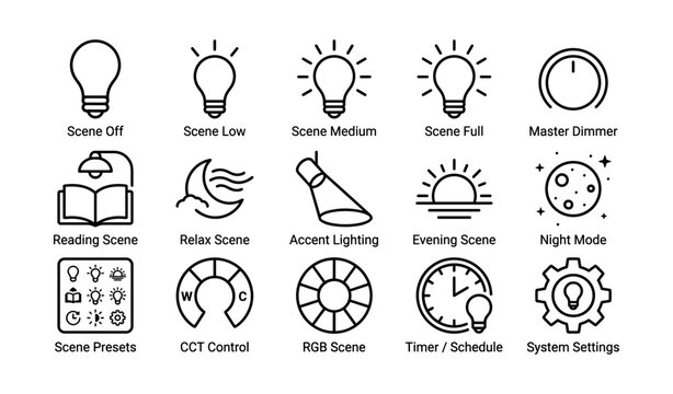 Smart home lighting control interface with various scene icons
