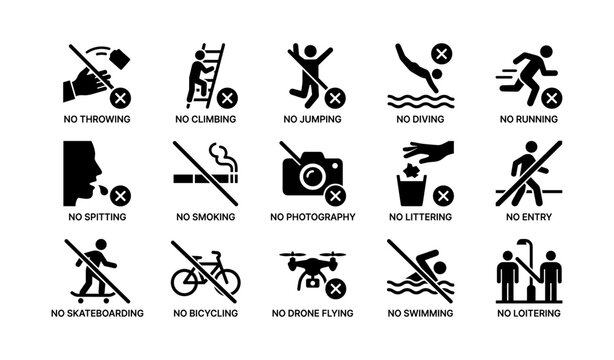 Prohibited activities signs: no throwing, climbing, jumping, diving, running, spitting