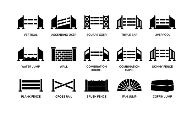 Equestrian jump types: vertical, ascending oxer, square oxer, triple bar, liverpool