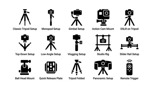 Camera equipment icons: tripods, mounts, rigs, sliders, remotes