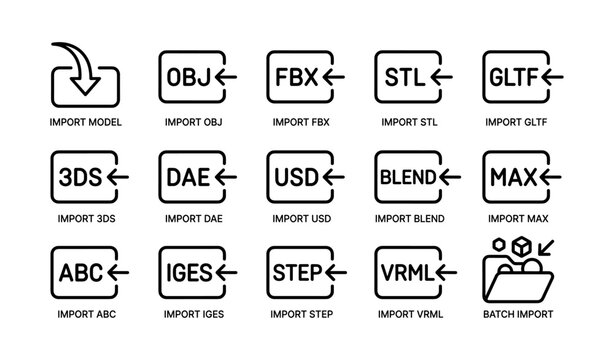 3d file format icons: obj, fbx, stl, gltf, 3ds, dae, usd, blend, max, stl