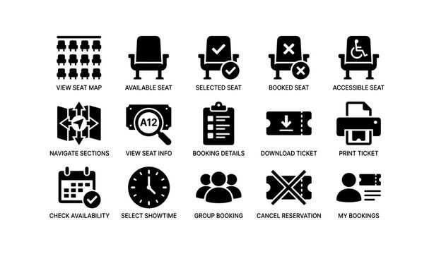 Theater seating interface icons for booking tickets and reservations