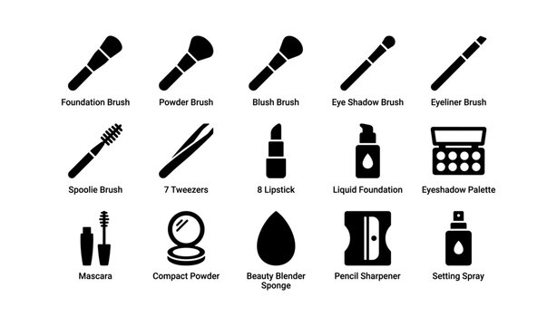 Makeup tools and accessories icons including brushes and lipstick