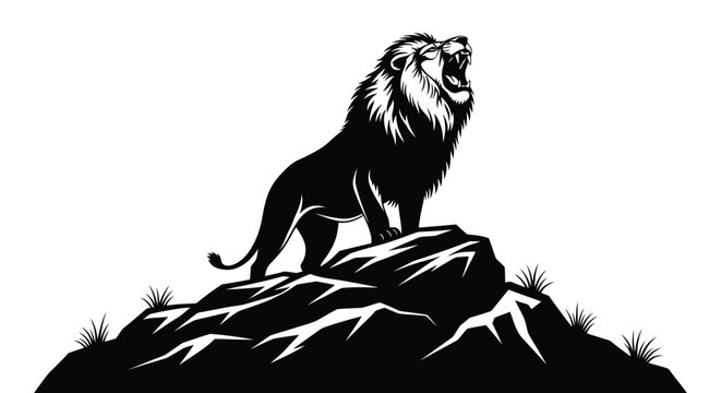 Majestic roaring lion vector illustration standing powerfully on a rock, showcasing strength and wild spirit.