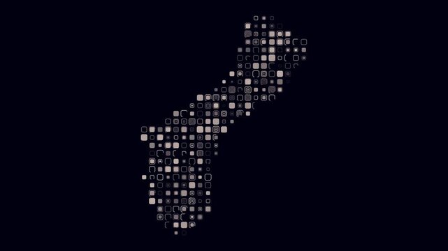 Guam map animation. Shape of the country with pulsating colored dots. Large size rounded square blocks. Digital style Guam map on dark background. Simple video.