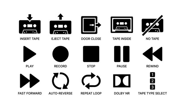 Audio cassette tape functions and controls icon set