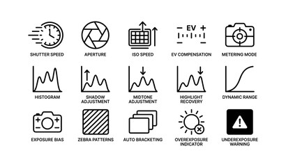 Fototapeta premium Photography icons: shutter speed, aperture, iso, ev, metering, histogram, and more