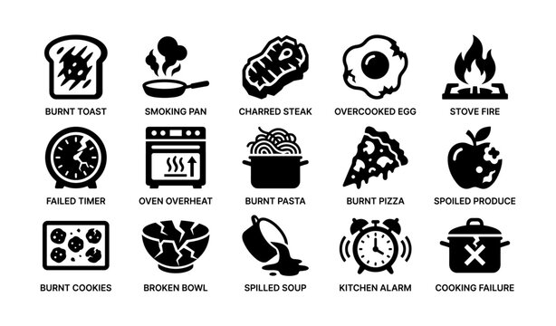 Kitchen disasters icons: burnt toast, smoked pan, charred steak, overcooked egg, stove fire