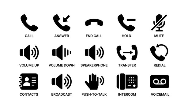 Phone and sound icons set: call, volume controls, contacts, intercom, voicemail