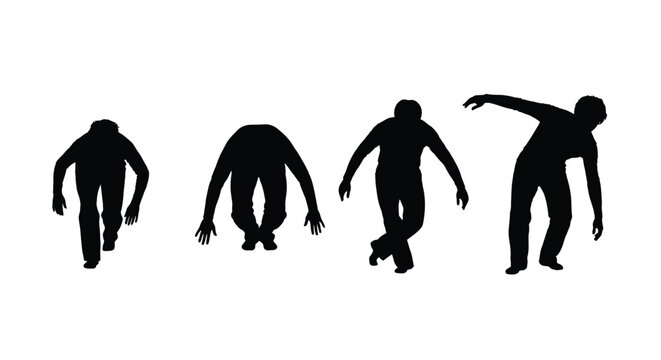 Collection of four black silhouette vector graphics depicting a man in various bizarre and crouching poses