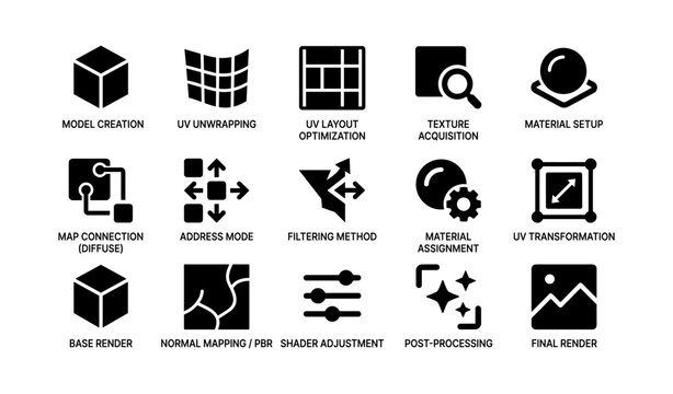 Icons illustrating 3d model workflow: uv mapping, texture, material setup, and rendering techniques