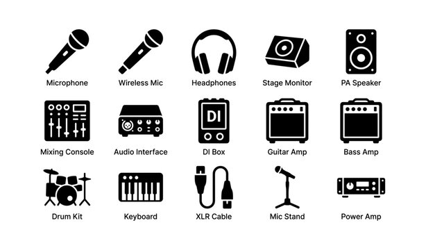 Audio equipment icons: microphone, headphones, mixer, guitar amp, power amp