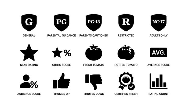 Movie rating icons: general, parental, restricted, adults, ratings, reviews