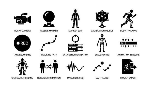 Motion capture technology icons: camera, marker, calibration, tracking, animation