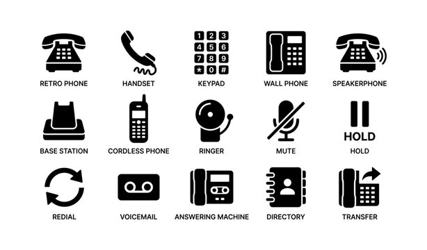 Retro and modern phone icons: handset, speakerphone, cordless, voicemail symbols
