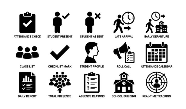 Attendance management icons: checklists, student status, timing, school building