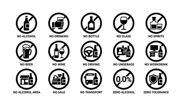 Alcohol prohibition symbols: no drinking, driving, underage, or sale