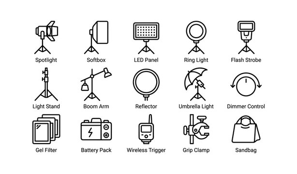 Studio lighting equipment icons with spotlight softbox led panel and more