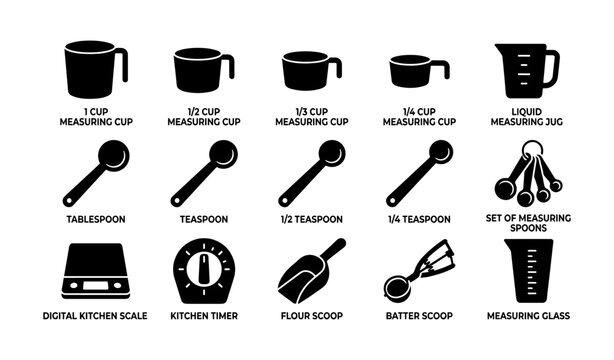 Kitchen measurement tools: cups, spoons, scale, timer, scoop, jug