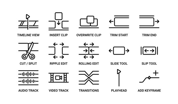Video editing icons: timeline, clips, cuts, tools, tracks