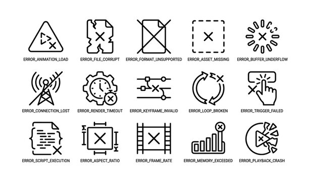 Computer error symbols collection featuring icons for various technical issues