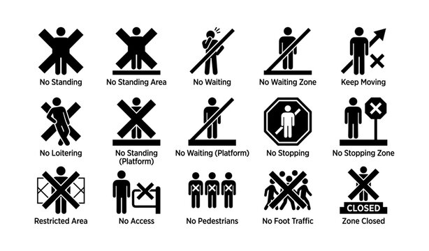 Various signage icons indicating restricted movement and access areas