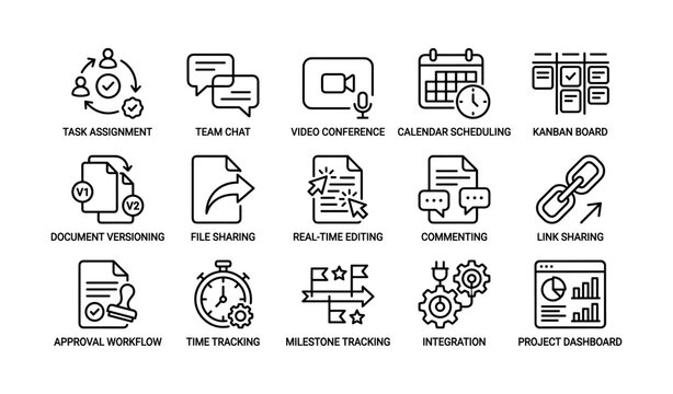 Icons of task management and collaboration tools for efficient workflow