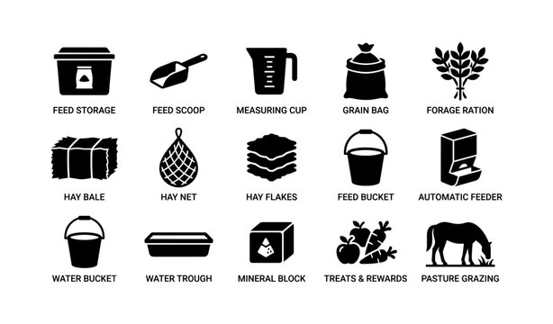 Equine feeding tools and supplies: comprehensive icons set for horse care