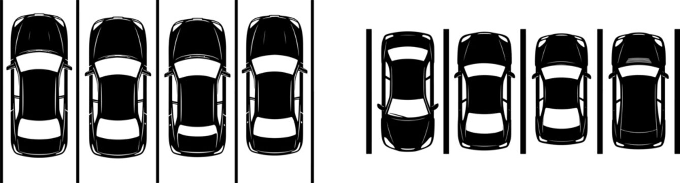 Overhead view of cars parked in parallel parking spaces along a road side