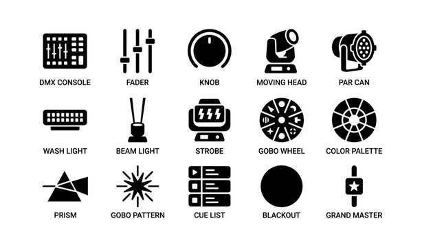 Stage lighting icons set: dmx console, fader, knob, spotlight, blackout