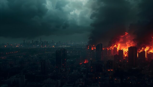 Dramatic panoramic view of a city on fire with burning skyscrapers
