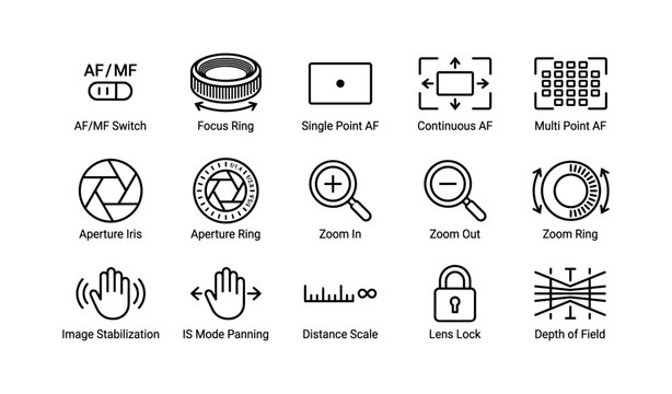 Camera icon set: focus, aperture, zoom, image stabilization, lens lock