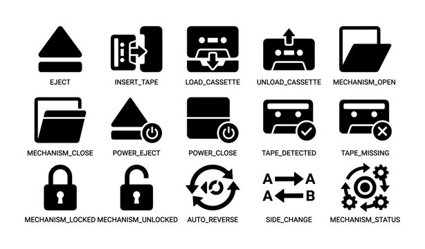 Cassette mechanism icons set including eject, insert, load, unload, and status symbols