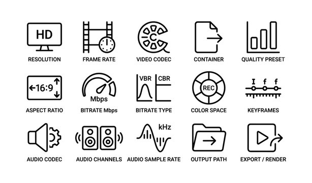 Icons for video editing elements including resolution aspect ratio frame rate and bitrate