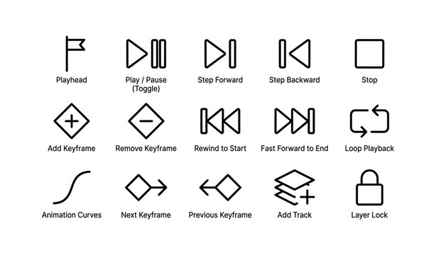 Video editing icons: playhead, keyframe, animation, playback controls