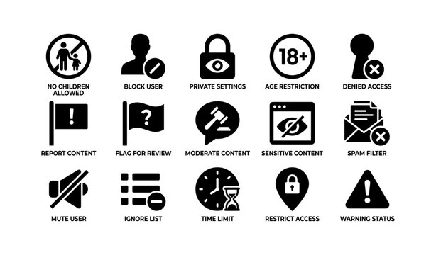 User access restriction and content moderation icons set