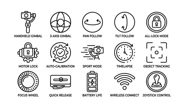 Camera stabilizer icon set featuring modes and functions for video and photography