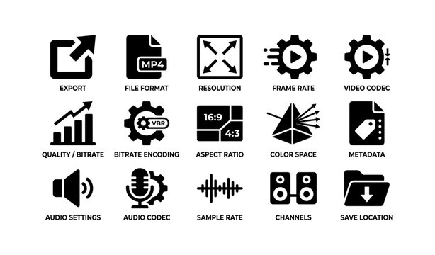 Video editing icons set: export, file format, resolution, frame rate, audio settings
