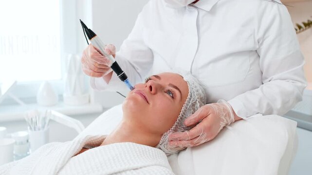Middle-aged woman receives forehead skin microneedling therapy with dermapen. Cosmetologist gently performs mesotherapy procedure for girl skin rejuvenation in modern aesthetic beauty clinic setting.