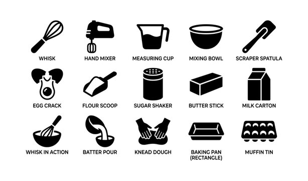 Kitchen tools silhouettes set: whisk, mixer, measuring cup, mixing bowl, spatula