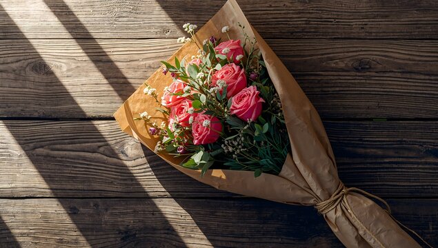 Bouquet of fresh pink roses in craft paper on rustic wooden table
