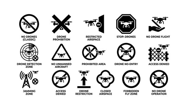 Drone prohibition signs and symbols for restricted airspace areas