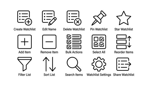 Set of watchlist management icons for organization and control