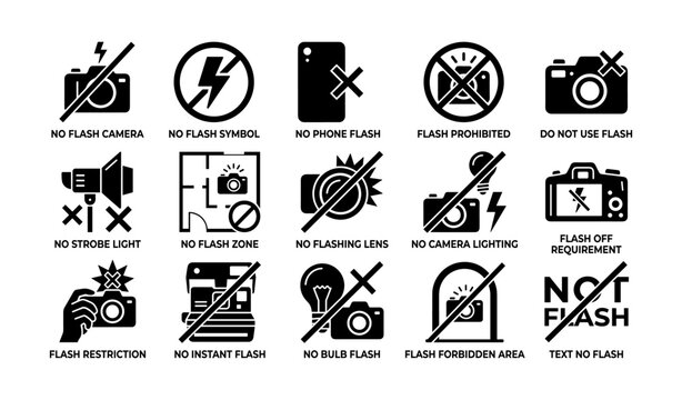 Flash warning icons: no flash, camera restrictions, and prohibited symbols