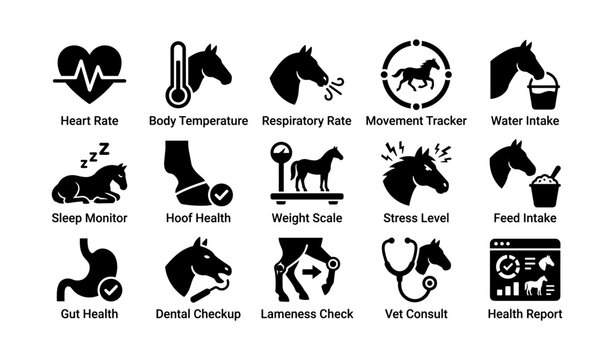 Equine health monitoring icons: heart rate, temperature, respiratory, movement, water intake