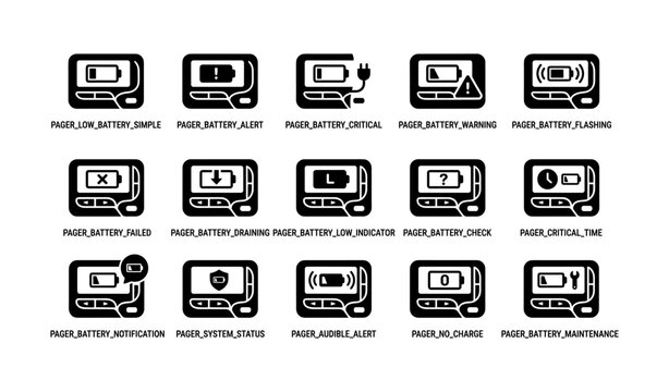 Digital pager icons set with battery alerts and status indicators